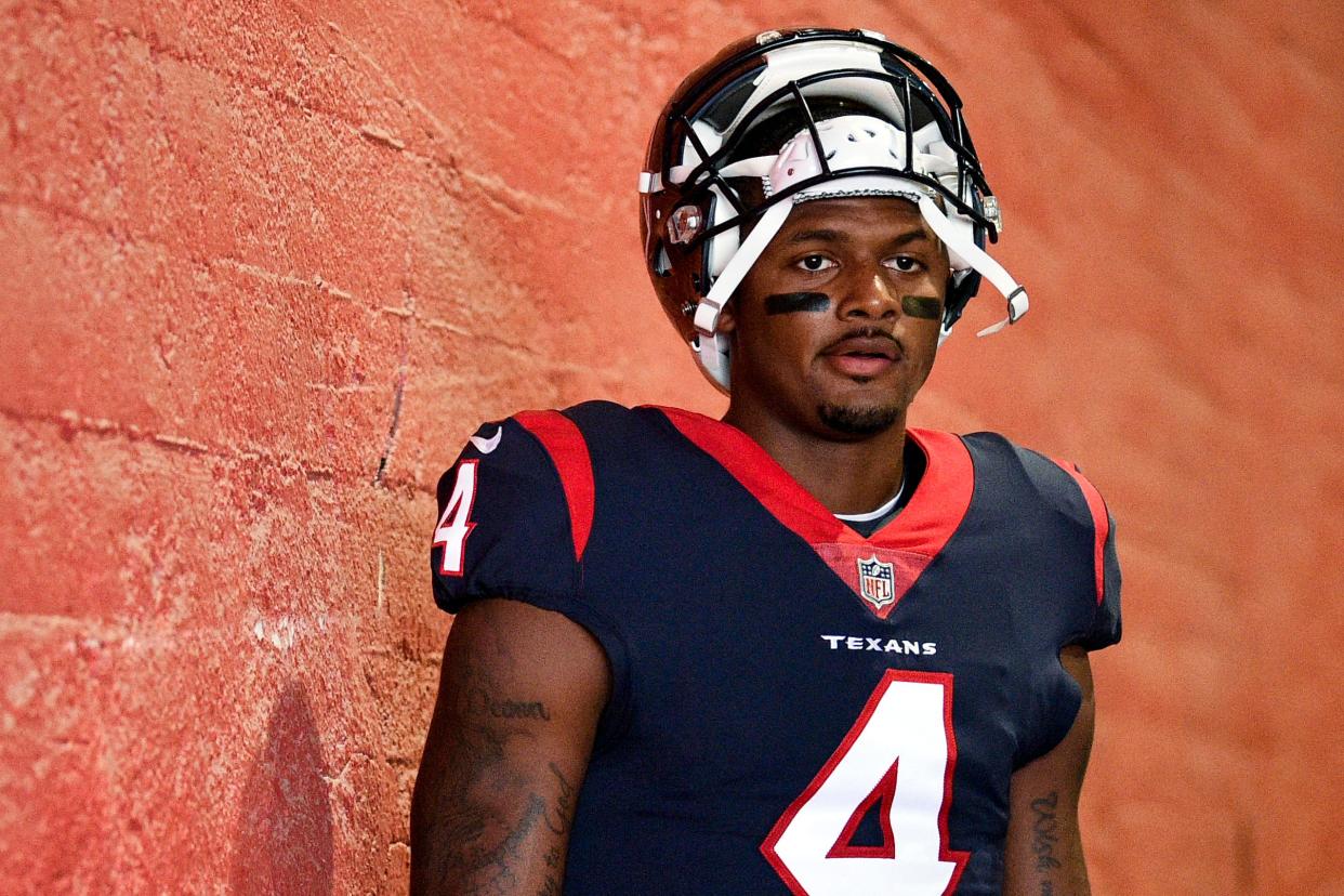 In this Aug. 25, 2018, file photo, Houston Texans quarterback Deshaun Watson prepares to take the field prior to an NFL preseason football game against the Los Angeles Rams in Los Angeles.