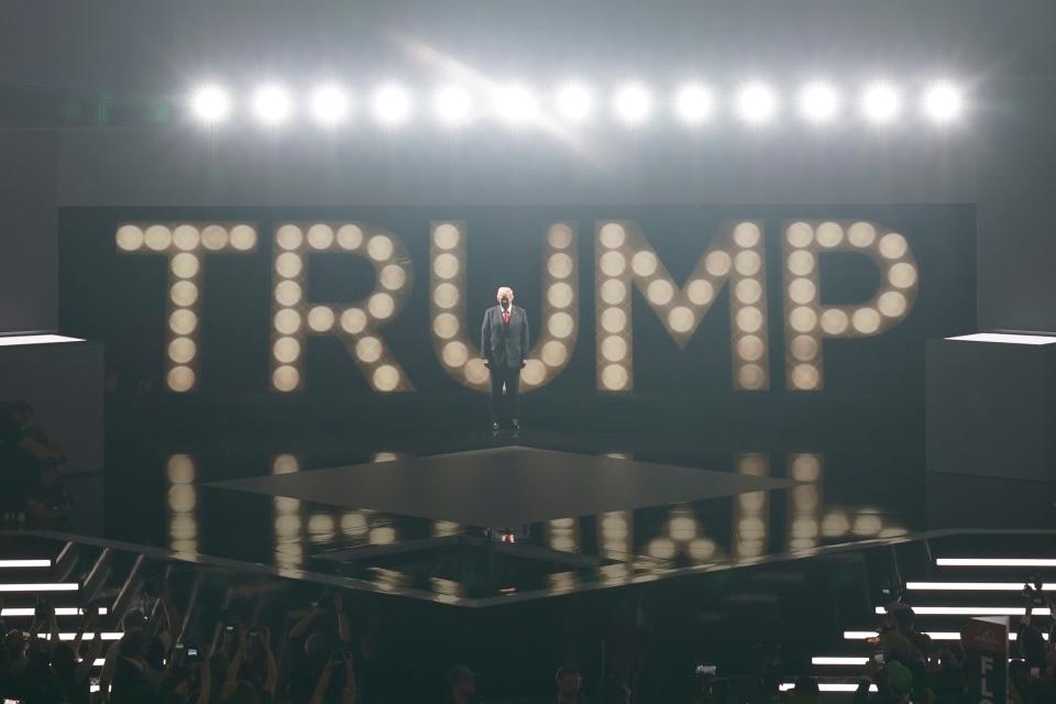 Donald Trump appears on stage during the final day of the Republican National Convention at the Fiserv Forum. The final day of the RNC featured a keynote address by Republican presidential nominee Donald Trump.