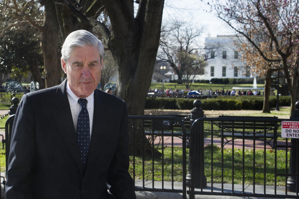 In this March 24, 2019 photo, Special Counsel Robert Mueller walks past the White House, after attending St. John's Episcopal Church for morning services, in Washington. (AP Photo/Cliff Owen)