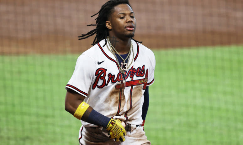 Atlanta Braves star outfielder Ronald Acuna Jr. gets hit by the Marlins.