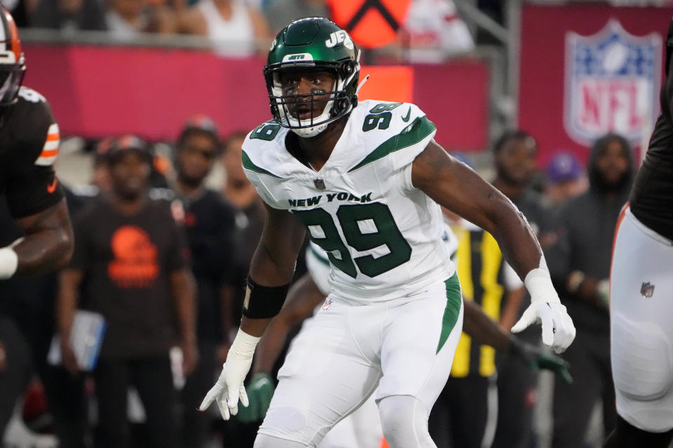 Aug 3, 2023; Canton, Ohio, USA; New York Jets defensive end Will McDonald IV (99) against the <a class="link " href="https://sports.yahoo.com/nfl/teams/cleveland/" data-i13n="sec:content-canvas;subsec:anchor_text;elm:context_link" data-ylk="slk:Cleveland Browns;sec:content-canvas;subsec:anchor_text;elm:context_link;itc:0">Cleveland Browns</a> during the first half at Tom Benson Hall of Fame Stadium. Mandatory Credit: Kirby Lee-USA TODAY Sports