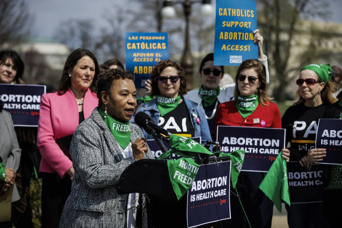 U.S. Rep. Barbara Lee, D-California, speaks during a press conference unveiling the Abortion is Health Care Everywhere Act outside of the U.S. Capitol building in March.