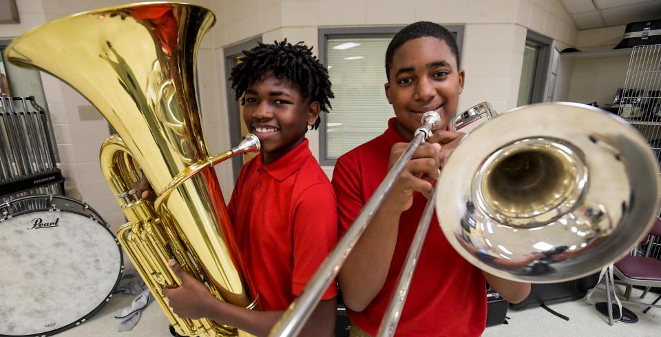 McKee Middle School band members Errol Caraway, left, and Alexander Edwards are shown at the school in Montgomery, Ala. on Wednesday January 25, 2023.