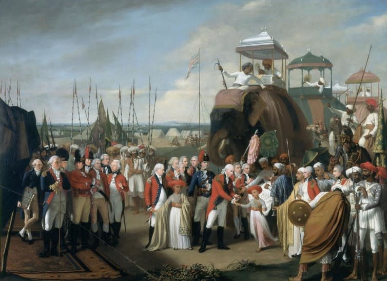 <span class="caption">A civilising influence: British officials take two Indian princelings hostage in 1793.</span> <span class="attribution"><span class="source">Robert Home, National Army Museum</span></span>