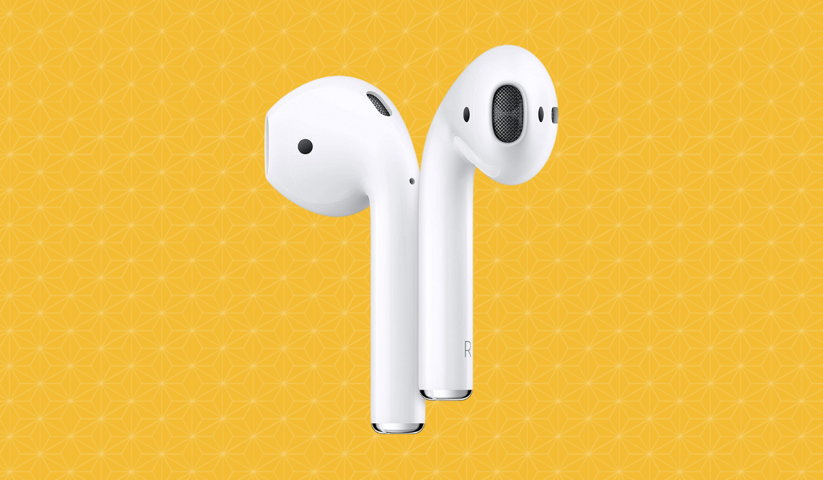 White AirPods earbuds.