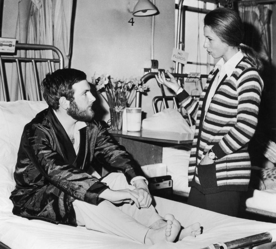 A photo of Princess Anne visiting police officer Michael Hills at St George's Hospital in London after he was shot in the stomach while attempting to intervene during the attempt to kidnap the Princess in the Mall, 25th March 1974.