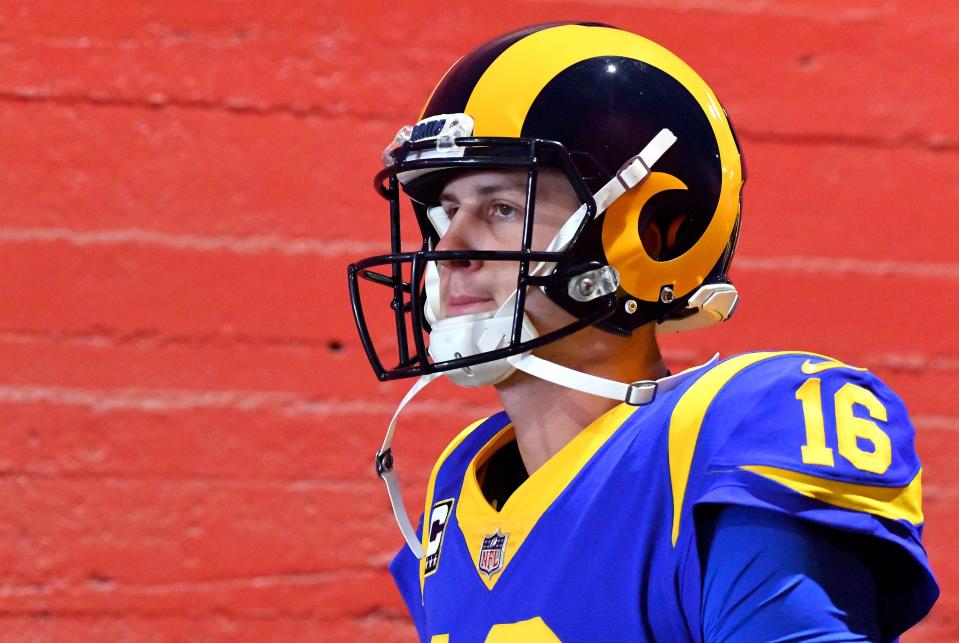 Los Angeles Rams quarterback Jared Goff walks down the tunnel to the field to warm up before a game vs. the Minnesota Vikings on Sept. 27, 2018 in Los Angeles.