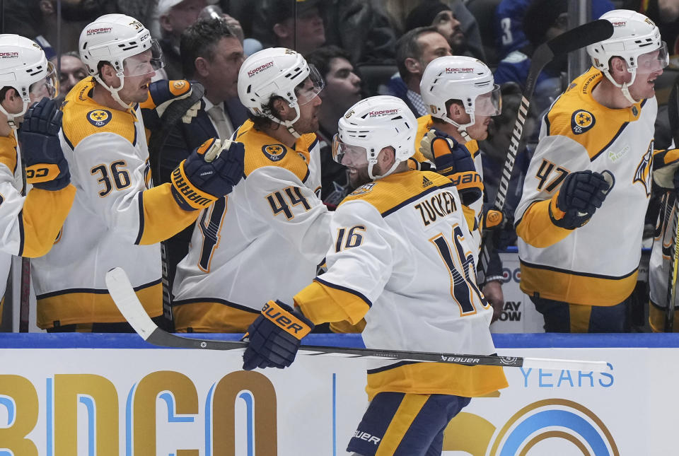 Nashville Predators' Jason Zucker (16) celebrates his goal against the Vancouver Canucks during the first period in Game 1 of an NHL hockey Stanley Cup first-round playoff series in Vancouver, British Columbia, on Sunday, April 21, 2024. (Darryl Dyck/The Canadian Press via AP)