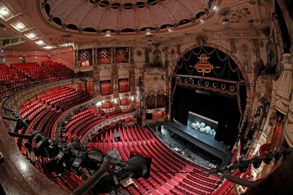 Image: The London Coliseum, the largest theatre in London's West End is currently closed along with the rest of London's theatre district, which has seen venues stand empty due to the Covid-19 pandemic. (Chris Jackson / Getty Images file)