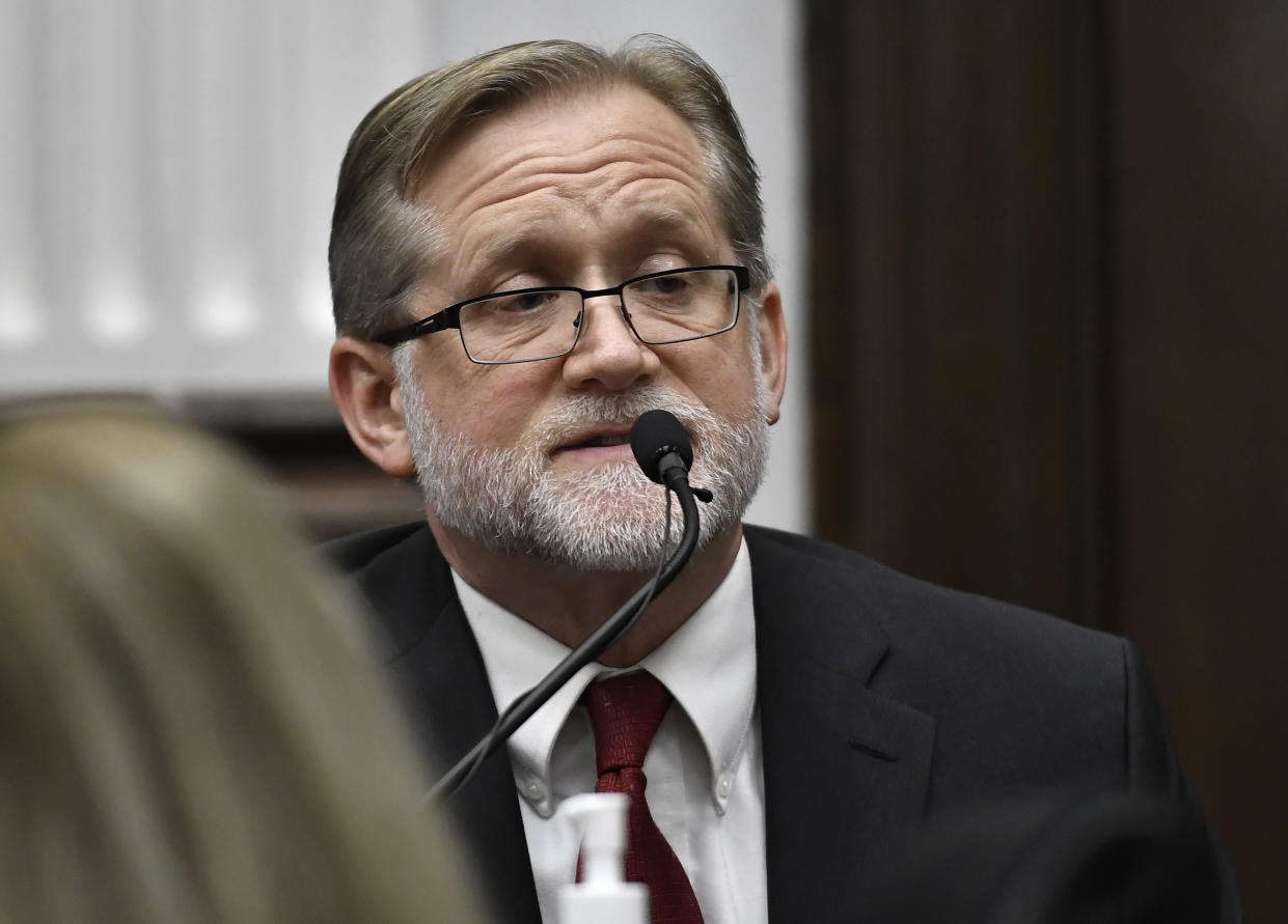 Dr. Douglas Kelley, a forensic pathologist with the Milwaukee County Medical Examiner's Office, testifies in Kyle Rittenhouse's tria at the Kenosha County Courthouse in Kenosha, Wis., on Tuesday, Nov. 9, 2021. Rittenhouse is accused of killing two people and wounding a third during a protest over police brutality in Kenosha, last year. (Sean Krajacic/The Kenosha News via AP, Pool)