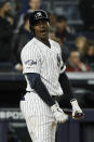 New York Yankees' Didi Gregorius reacts after striking out against the Houston Astros during the seventh inning in Game 5 of baseball's American League Championship Series Friday, Oct. 18, 2019, in New York. (AP Photo/Matt Slocum)