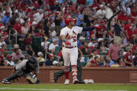 St. Louis Cardinals' Juan Yepez watches his three-run home run during the fourth inning of a baseball game against the Miami Marlins Monday, June 27, 2022, in St. Louis. (AP Photo/Jeff Roberson)