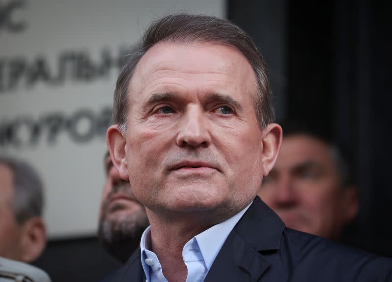 Viktor Medvedchuk, leader of Opposition Platform - For Life political party, speaks with journalists outside the office of the Prosecutor General in Kyiv