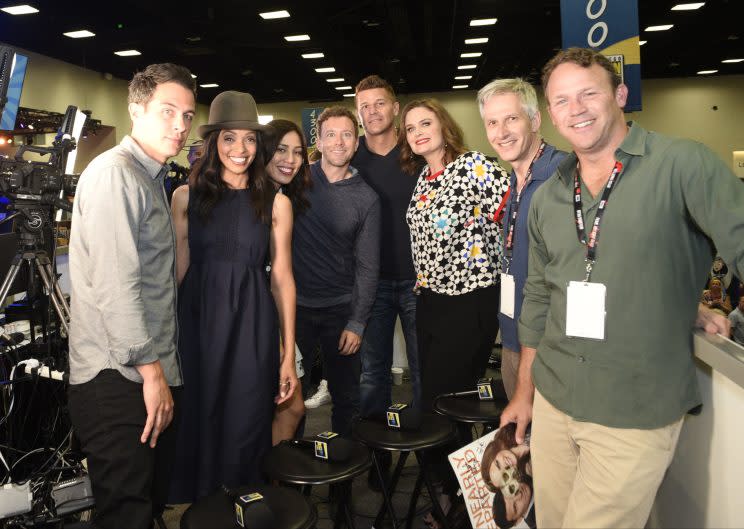 Stars John Boyd, Tamara Taylor, Michaela Conlin, TJ Thyne, David Boreanaz and Emily Deschanel with executive producers Jonathan Collier and Michael Peterson (Credit: Alan Hess/FOX)