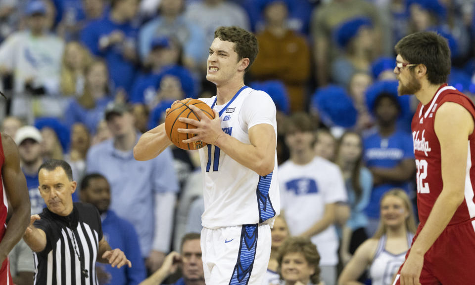 Creighton's Ryan Kalkbrenner (11) reacts after being called out of bounds against Nebraska during the first half of an NCAA college basketball game on Sunday, Dec. 4, 2022, in Omaha, Neb. (AP Photo/Rebecca S. Gratz)