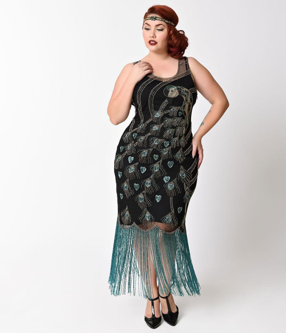 unique_vintage_plus_size_1920s_black_green_beaded_joplin_peacock_flapper_6