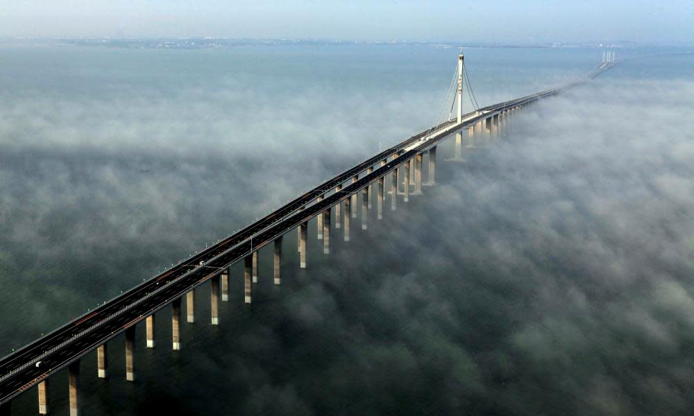 An aerial image of the Jiaozhou Bay bridge in Qingdao