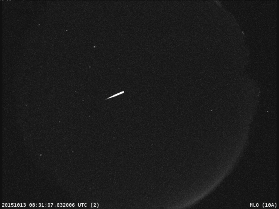 An Orionid meteor recorded by the NASA All Sky Fireball Network station on top of Mt. Lemmon, Ariz., in October 2015. This year’s Orionid display will peak this weekend, and viewing conditions should be relatively good.