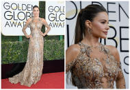 <p><b>Grade: A</b><br>Sofia Vergara goes shimmery high glam in this stunning gown. </p>