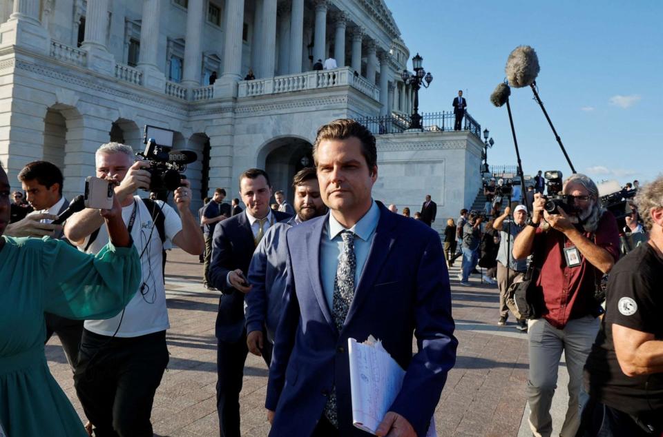 PHOTO: Rep. Matt Gaetz walks away from the U.S. Capitol after his motion to vacate the chair of House Speaker Kevin McCarthy succeeded by a vote of 216-210 in Washington, Oct. 3, 2023. (Jonathan Ernst/Reuters)