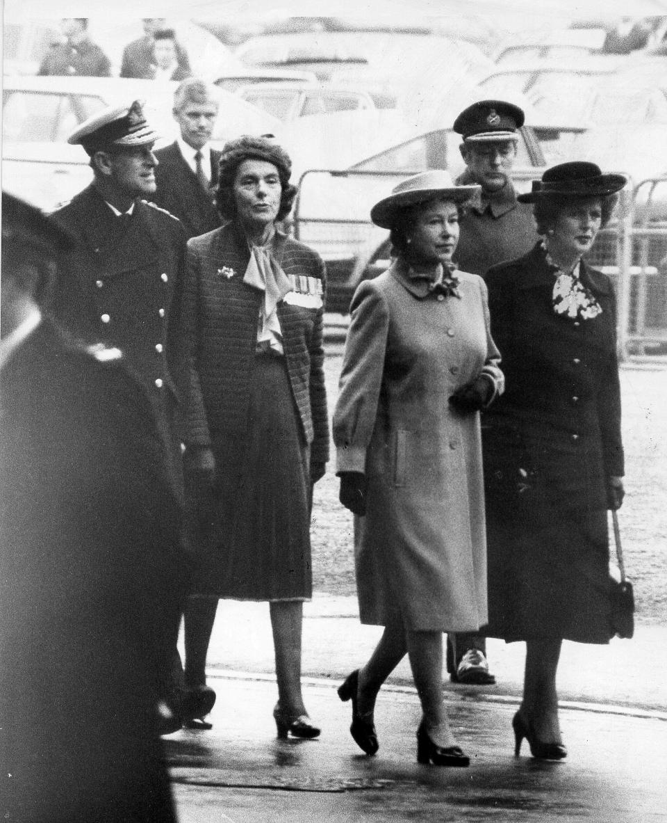 Queen Elizabeth II, Margaret Thatcher, Prince Philip and Lady Mountbatten at the unveiling of the tribute statue to Lord Mountbatten, November 1983. (Peter Shirley / Express Newspapers Via AP Images file)