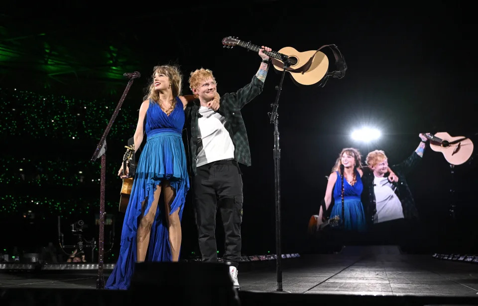 Taylor Swift and Ed Sheeran perform onstage during The Eras Tour at Wembley Stadium