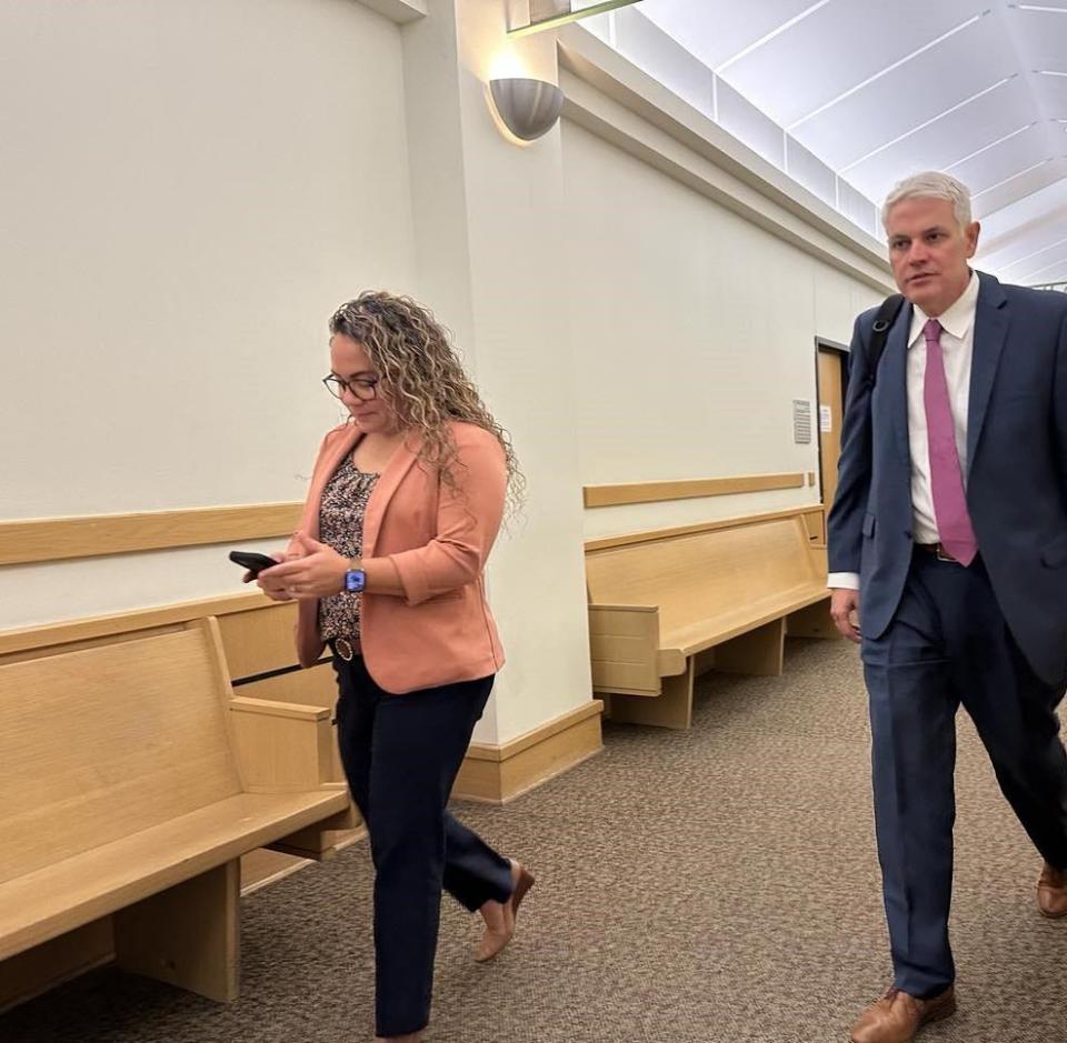 Wichita Falls police Detective Marisa Cervantes, left, and Wichita County District Attorney John Gillespie leave a courtroom in the Tim Curry Criminal Justice Center Thursday, Sept. 14, 2023, during a break in the Amber Nichole McDaniel trial.