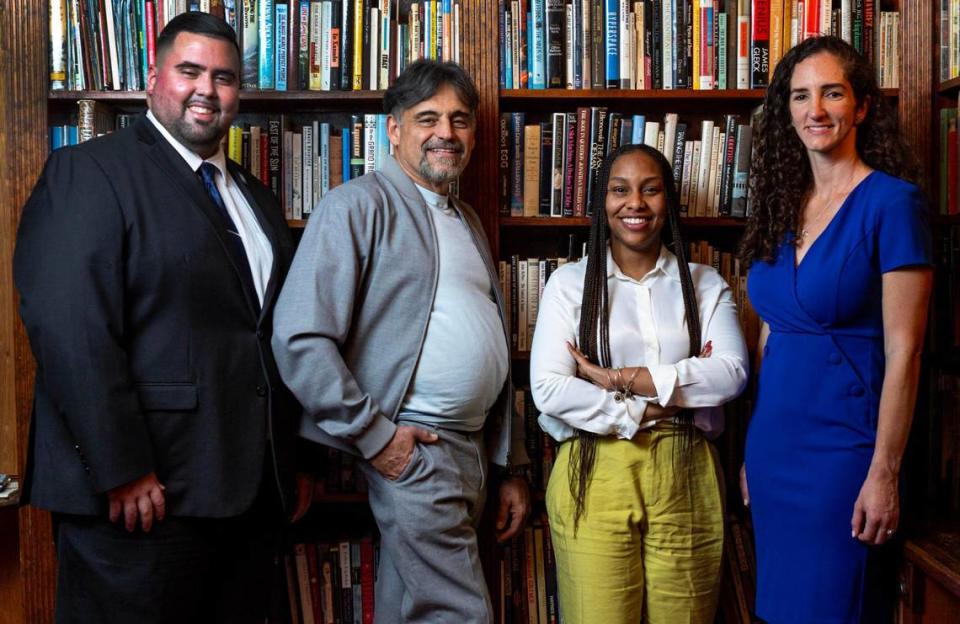 From left, Miami-Dade Teacher of the Year finalists Nicolas Acosta, William Torres, Alina Hughes Robinson and Melissa Abril-Dotel. One of the four will be named the 2025 Francisco R. Walker Miami-Dade County Teacher of the Year on Tuesday, Jan. 23, 2024.