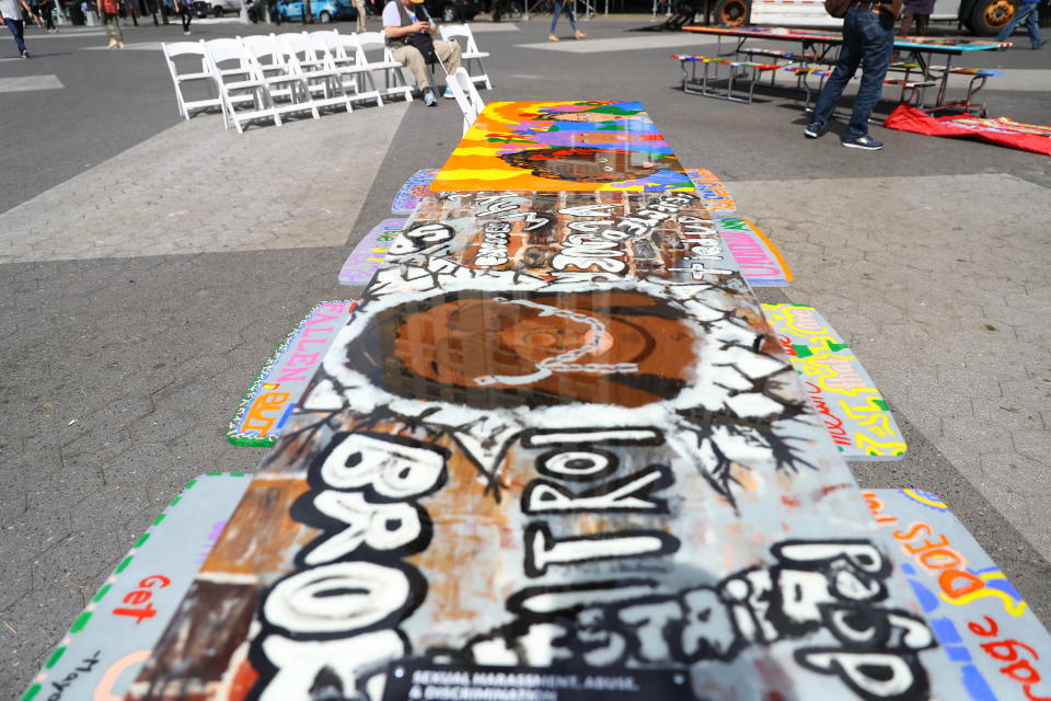 <p>A table addressing “Sexual harassment” in Union Square Park, New York City, on June 5, 2018. (Photo: Gordon Donovan/Yahoo News) </p>