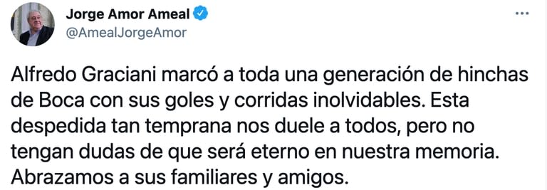 El mensaje de Jorge Amor Ameal, el presidente de Boca, para la familia de Alfredo Graciani