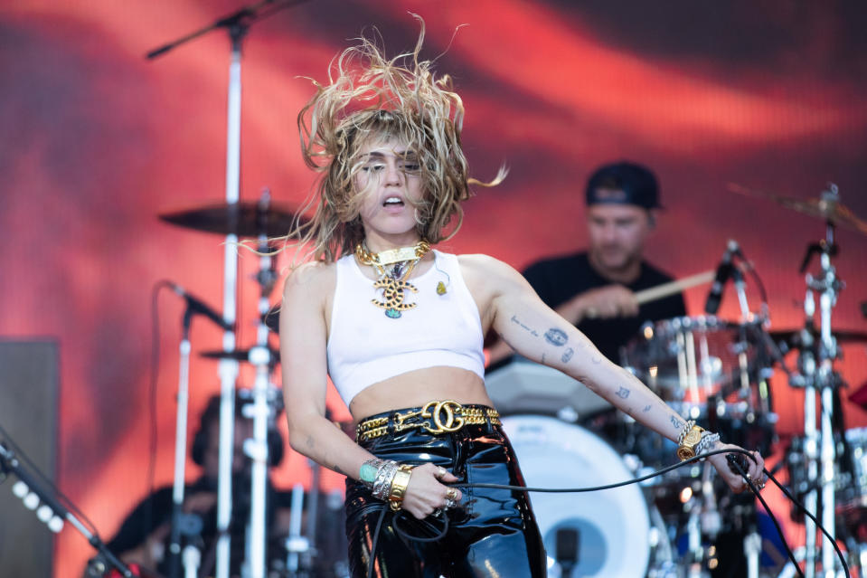 Miley Cyrus performing on the fifth day of the Glastonbury Festival at Worthy Farm in Somerset.