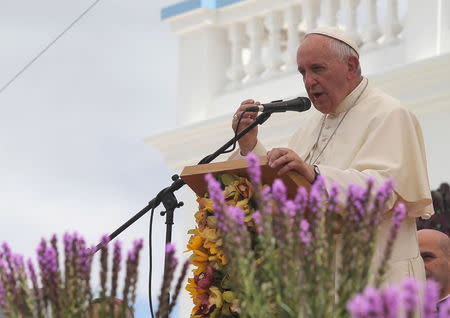 Pope Francis addresses the audience at the National Shrine of Our Lady of the Presentation of El Quinche in El Quinche, Ecuador, July 8, 2015. REUTERS/Guillermo Granja