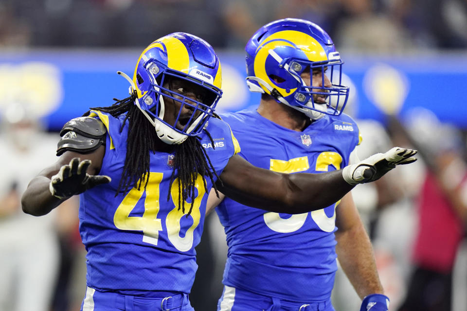 Los Angeles Rams linebacker Chris Garrett (48) celebrates after sacking Las Vegas Raiders quarterback Nathan Peterman during the first half of a preseason NFL football game Saturday, Aug. 21, 2021, in Inglewood, Calif. (AP Photo/Jae C. Hong)