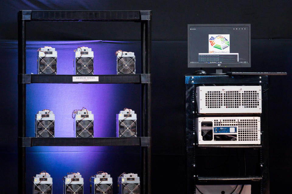 A computer used to mine cryptocurrencies is seen during a governmental event in Caracas on Feb. 20, 2018.