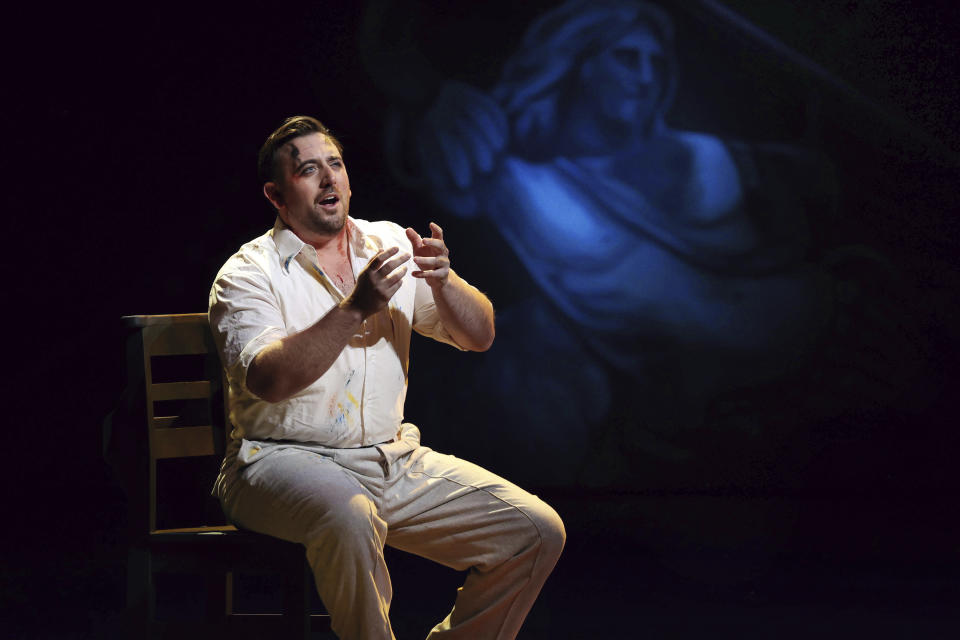 This image released by the Santa Fe Opera shows British tenor Freddie de Tommaso as Mario Cavaradossi in Puccini's "Tosca'' at the Santa Fe Opera on Aug. 12, 2023. (Curtis Brown/Santa Fe Opera via AP)