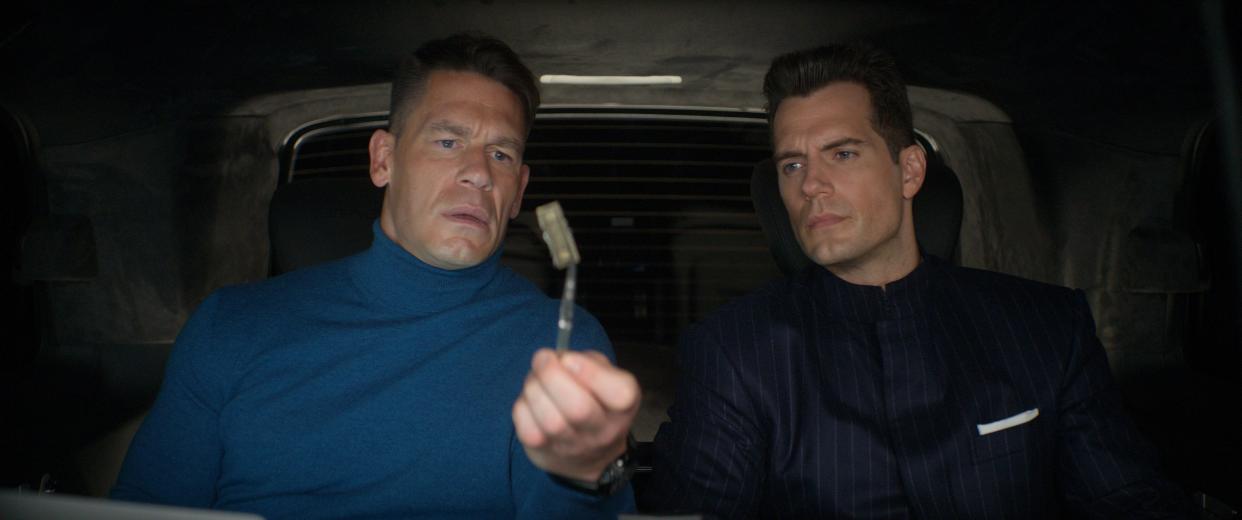 John Cena as Wyatt and Henry Cavill as Agent Argylle in "Argylle."