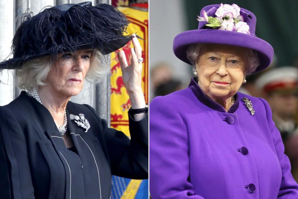 EDINBURGH, SCOTLAND - SEPTEMBER 12: Camilla, Queen Consort arrives at St Giles Cathedral on September 12, 2022 in Edinburgh, Scotland. King Charles III joins the procession accompanying Her Majesty The Queen's coffin from the Palace of Holyroodhouse along the Royal Mile to St Giles Cathedral. The King and The Queen Consort, accompanied by other Members of the Royal Family also attend a Service of Prayer and Reflection for the Life of The Queen where it lies in rest for 24 hours before being transferred by air to London. (Photo by Chris Jackson/Getty Images); PORTSMOUTH, ENGLAND - DECEMBER 07: Queen Elizabeth II attends the Commissioning Ceremony of HMS Queen Elizabeth at HM Naval Base on December 7, 2017 in Portsmouth, England. (Photo by Chris Jackson- WPA Pool/Getty Images)