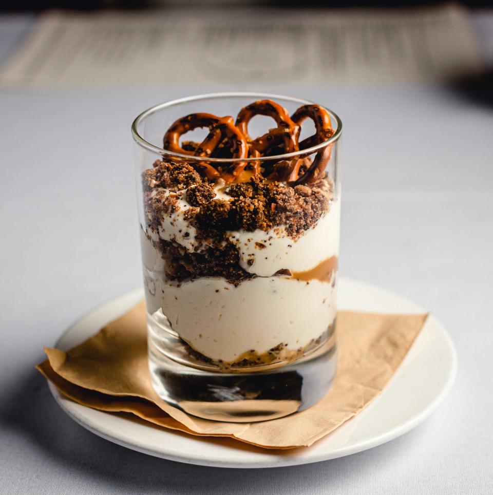 LoLa 41's pretzel parfait for Valentine's Day is made with dulce de leche, mascarpone whipped cream and a pretzel-cookie crumble.