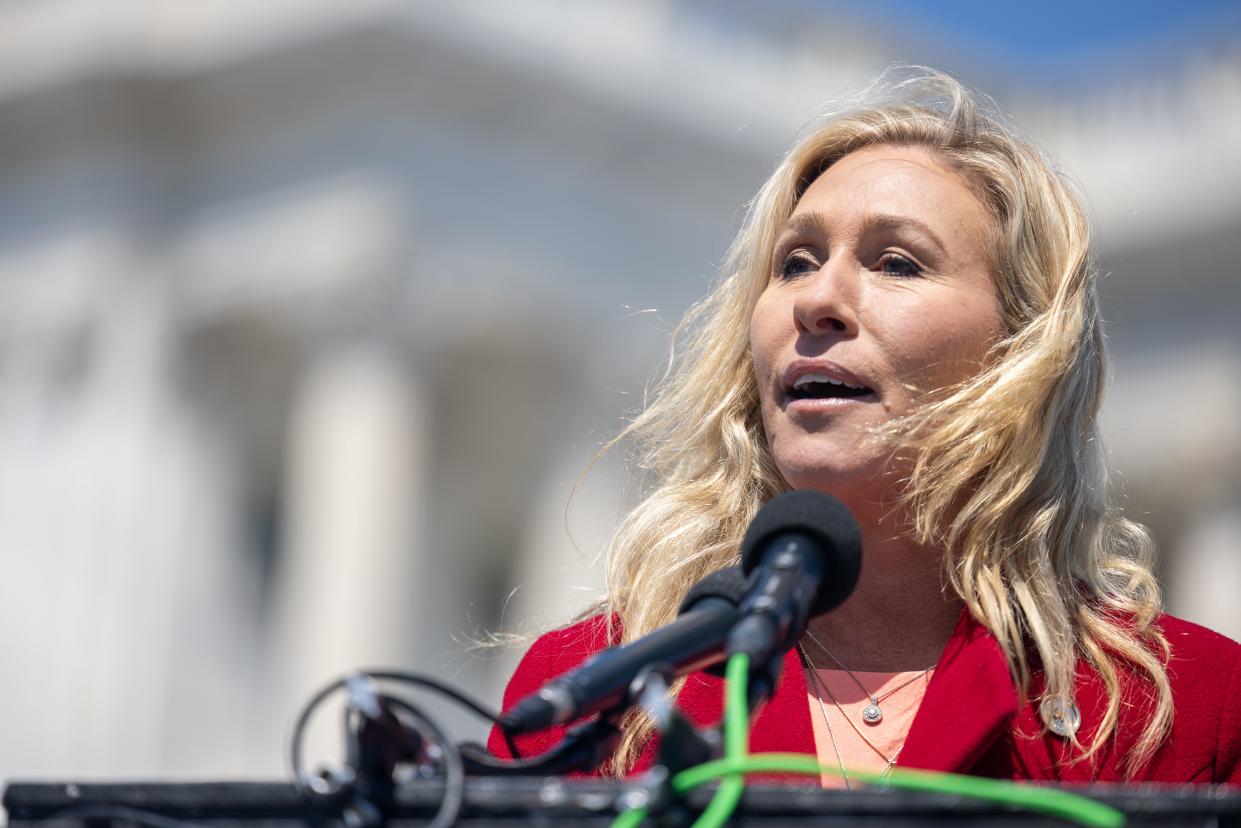 Congresswoman Marjorie Taylor Greene speaks during a press conference in front of the Capitol on April 28, 2022 in Washington, DC, United States.