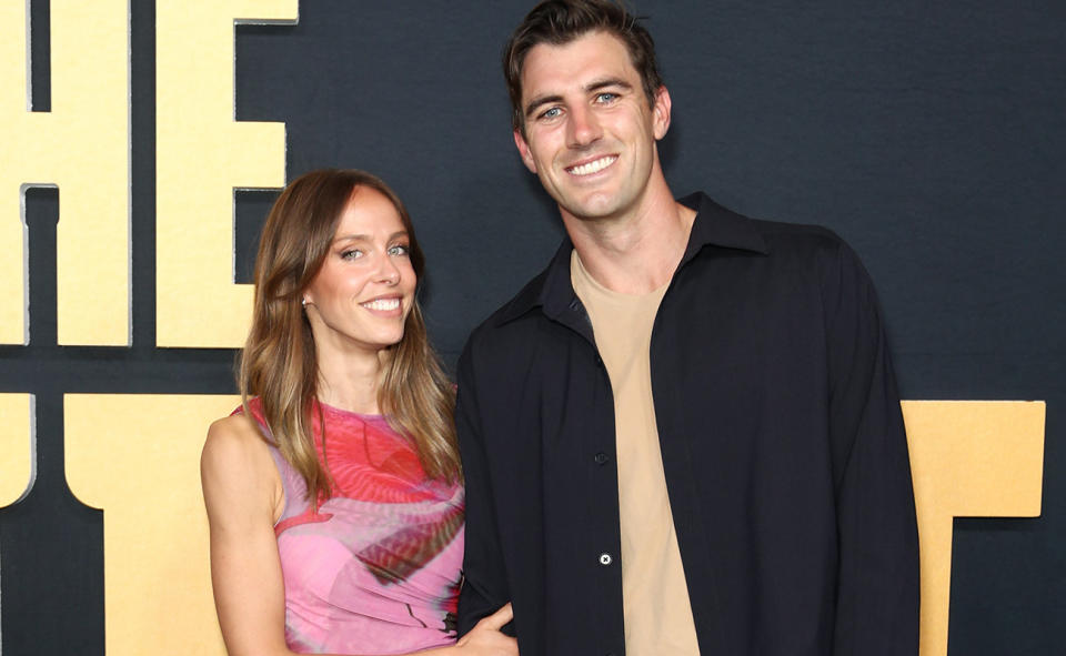 Pat Cummins, pictured here with wife Becky Boston at the premiere of 'The Test' season two in Sydney. 