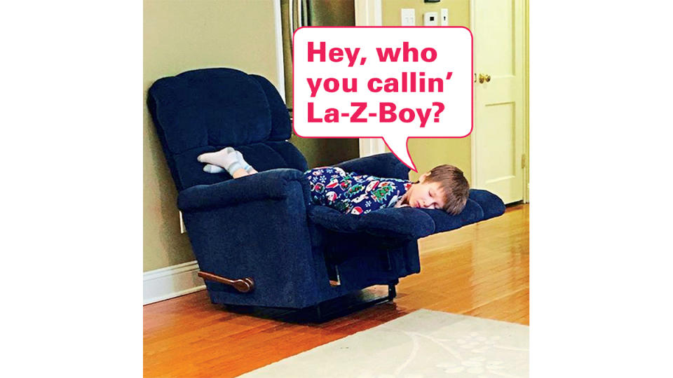 Funny photos: Boy sleeping in recliner with caption, 