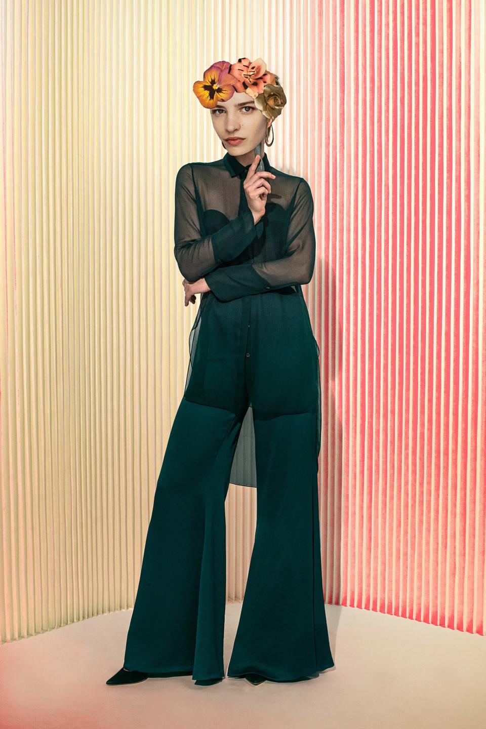 Crinkle chiffon blouse with extra-long one-button cuffs; tassel zip-front bustier; 4-ply silk crepe wide-leg pant