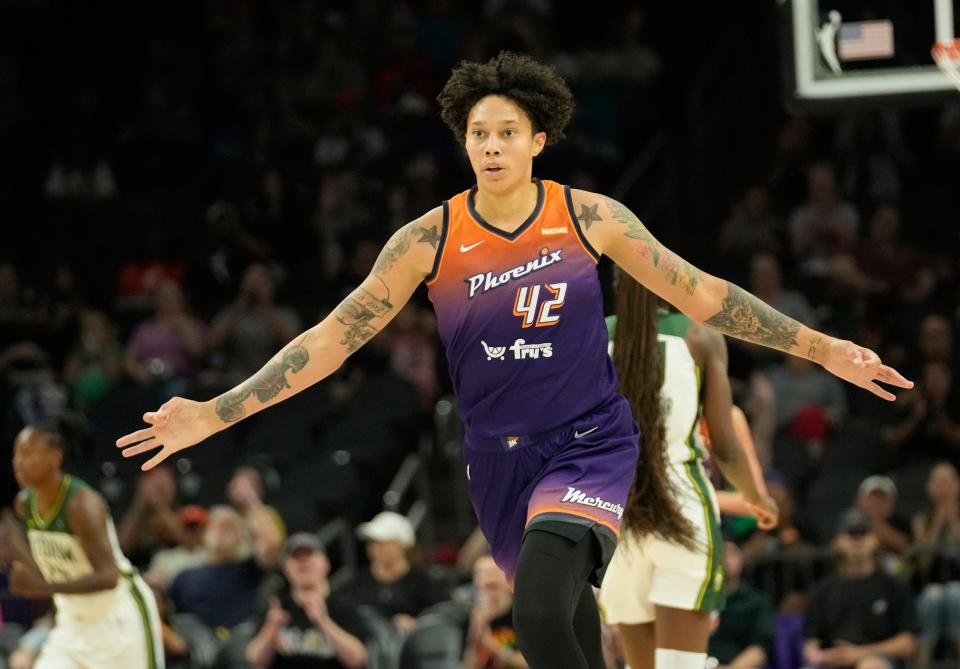 Phoenix Mercury center Brittney Griner (42) celebrates after a three point basket against the Seattle Storm during the first quarter at Footprint Center in Phoenix on Sunday, June 16, 2024.