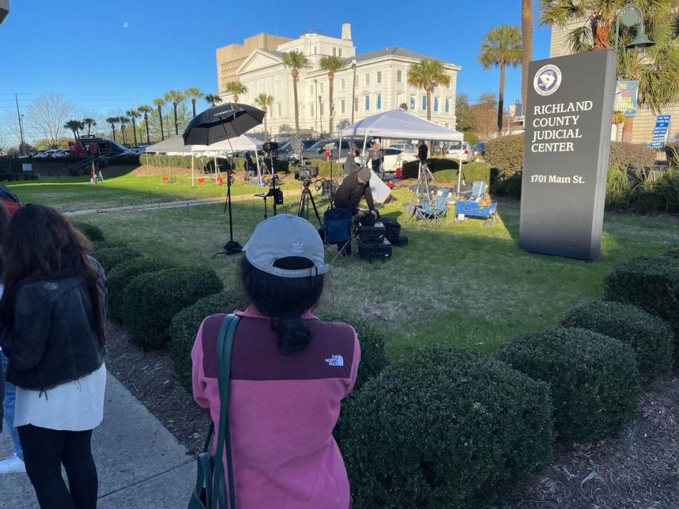 The media sets up outside the Richland County Courthouse for a hearing into Alex Murdaugh’s murder conviction on January 29, 2024