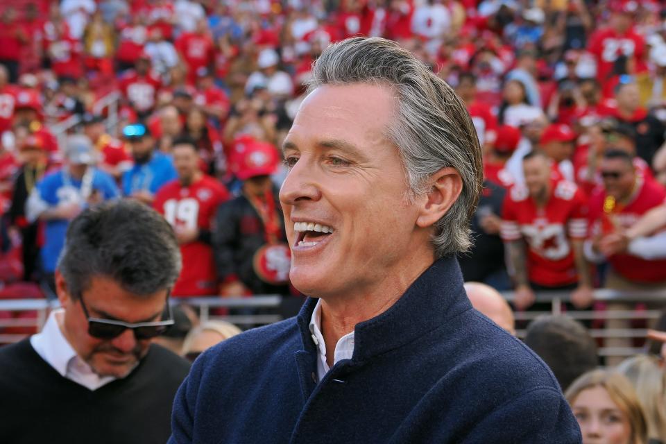 NFC championship game: California Governor Gavin Newsom watches the San Francisco 49ers play the Detroit Lions at Levi's Stadium in Santa Clara, California on Jan. 28, 2024.