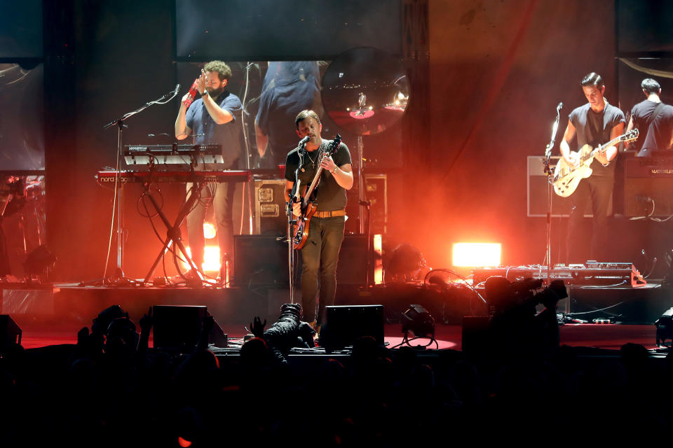 NASHVILLE, TENNESSEE - AUGUST 12: Caleb Followill of Kings Of Leon performs onstage at Ascend Amphitheater on August 12, 2021 in Nashville, Tennessee. (Photo by Danielle Del Valle/Getty Images)