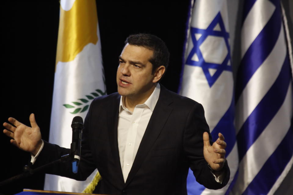 Greek Prime Minister Alexis Tsipras speaks during the 5th trilateral summit with Israel, Greece and Cyprus in the southern Israeli city of Beersheba, Thursday, Dec. 20, 2018. (AP Photo/Ariel Schalit)