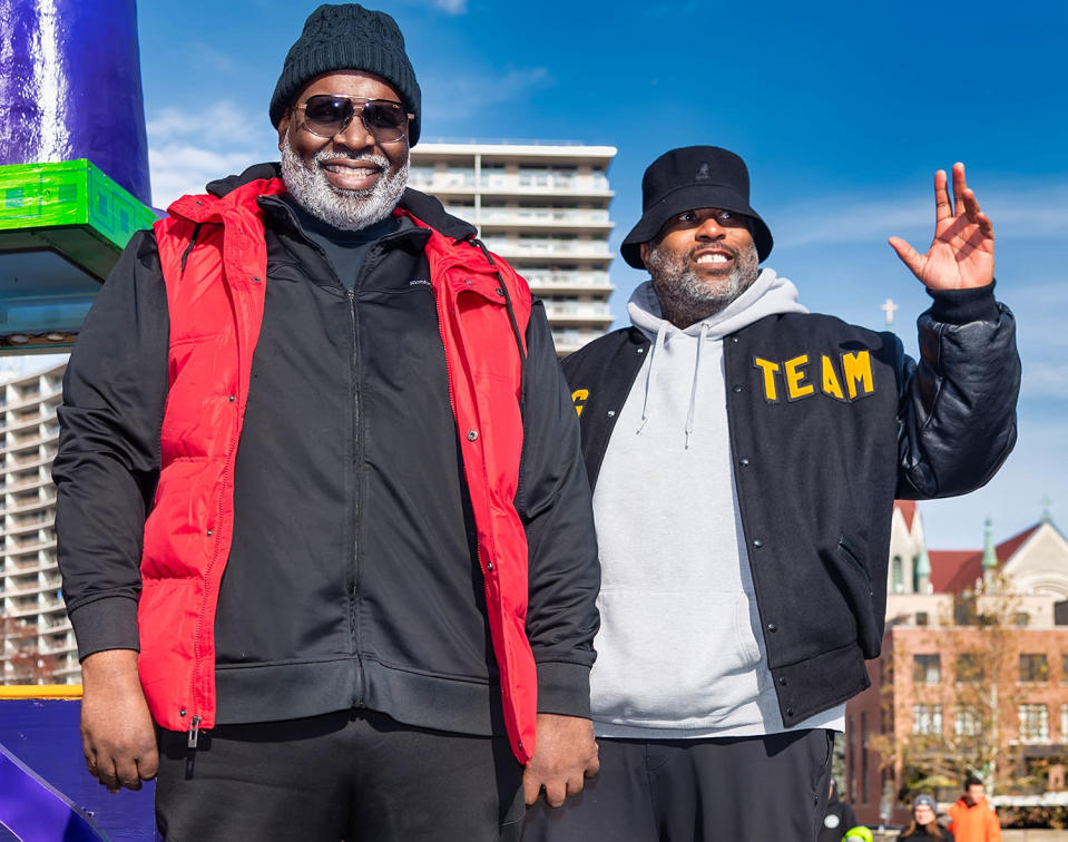 <p>Cecil Glenn and Steve Gibson — a.k.a. Tag Team — ride atop a float in the 102nd 6abc Dunkin' Donuts Thanksgiving Day Parade in Philadelphia on Nov. 25. </p>