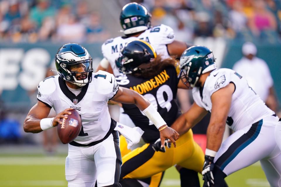 Philadelphia Eagles quarterback Jalen Hurts looks to pass during a preseason NFL football game against the Pittsburgh Steelers Thursday, Aug. 12, 2021, in Philadelphia.