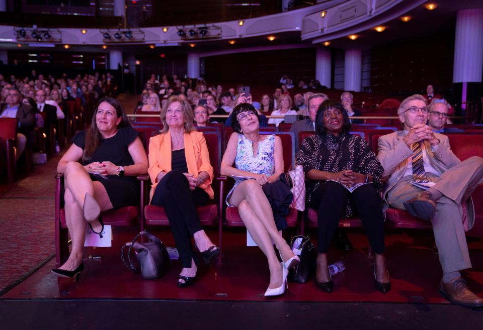 Palm Beach County School Board members Erica Whitfield, left,  Barbara McQuinn, Karen Brill, Marcia Andrews and Frank A. Barbieri, Jr. attend the Dwyer Awards for Excellence in Education during a ceremony at the Kravis Center on May 1, 2023 in West Palm Beach, Florida.